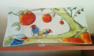 birds with oranges platter